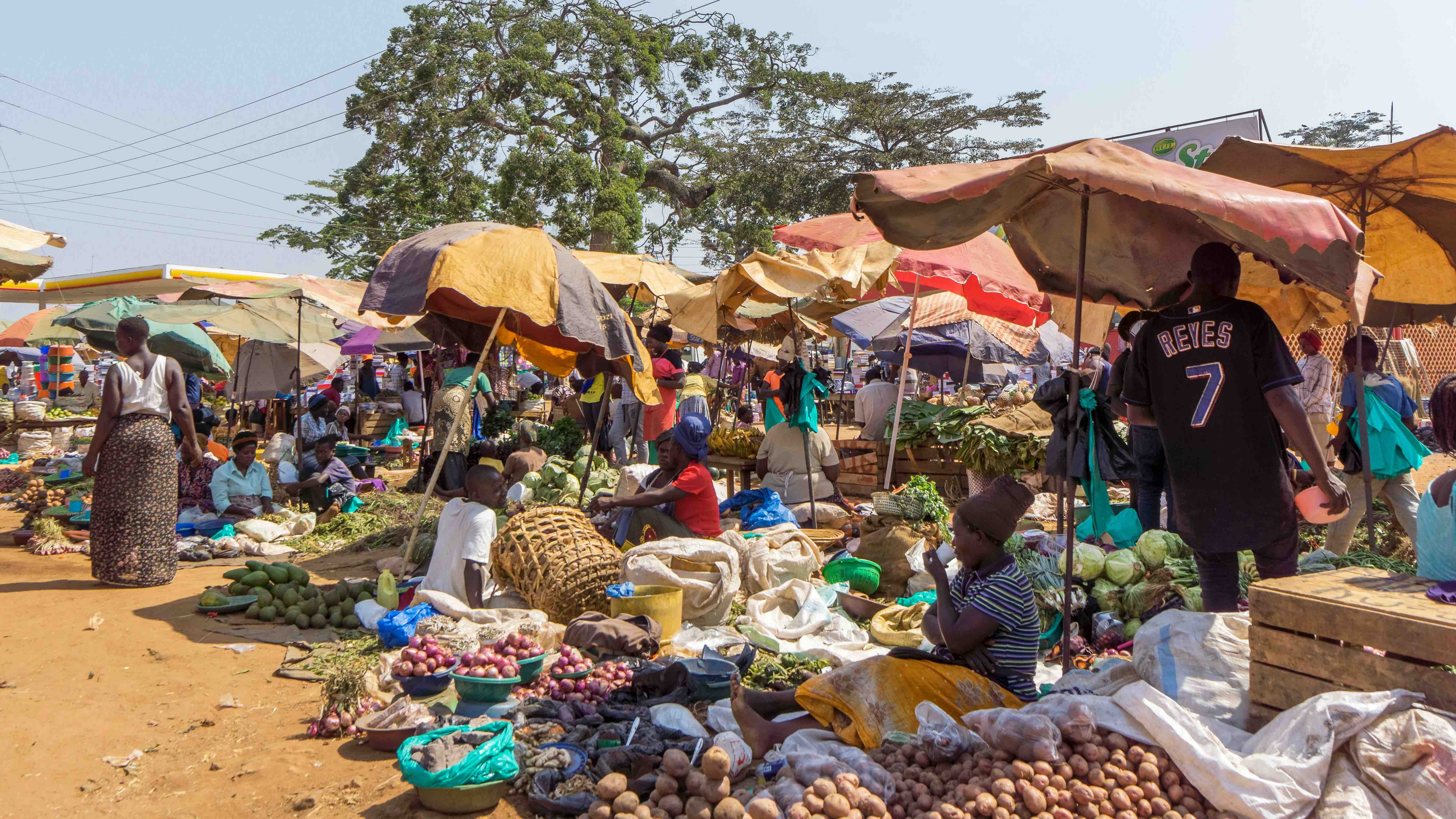 This is an open-air market in Africa. Vendors have laid out their goods on the ground. Their stalls are shaded from the sun by colourful umbrellas.